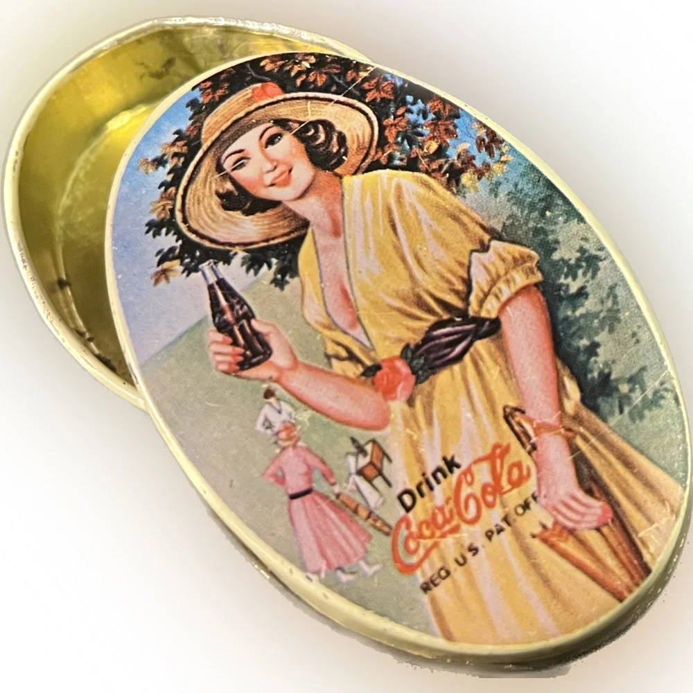 Vintage Coca Cola Lady In Dress & Hat Floral Umbrella Pill Tin Case Rare Unique
